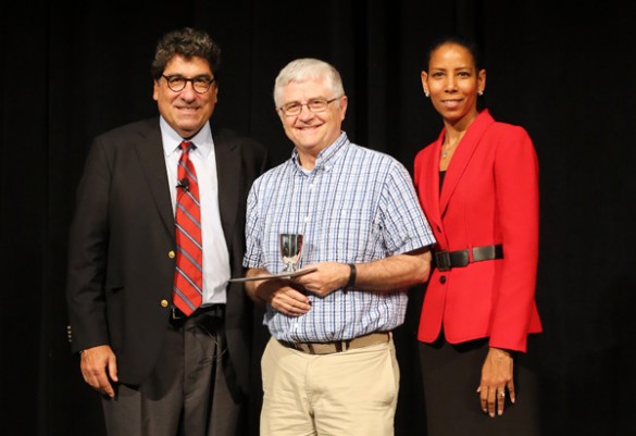 Chancellor Nicholas S. Zeppos; Malcolm Getz, professor of economics and director of undergraduate studies; and Faculty Senate Chair Charlene Dewey. (Steve Green/Vanderbilt)