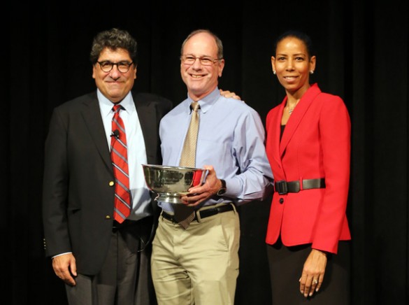 Chancellor Nicholas S. Zeppos, Cornelius Vanderbilt Professor of Engineering David Kosson and Faculty Senate Chair Charlene Dewey. (Steve Green/Vanderbilt)