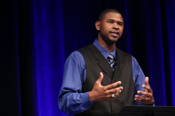 Former Vanderbilt basketball standout and director of the YWCA's MEND program Shan Foster addressed areas coaches July 21. (John Russell/Vanderbilt)