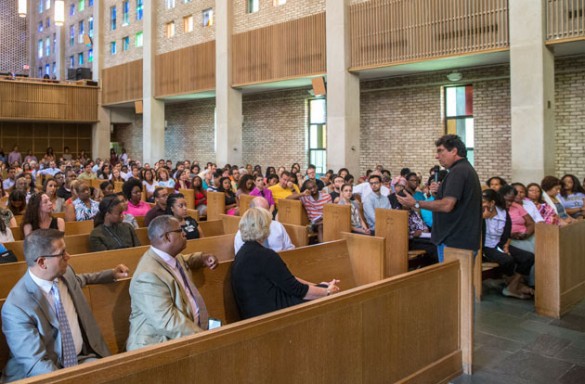 Chancellor Nicholas S. Zeppos addressed Vanderbilt community members gathered at Benton Chapel July 11. (John Russell/Vanderbilt)