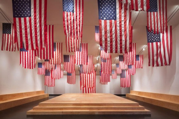 Some of the American flags on display in Mel Ziegler's installation "Flag Exchange," now at the Tang Teaching Museum.