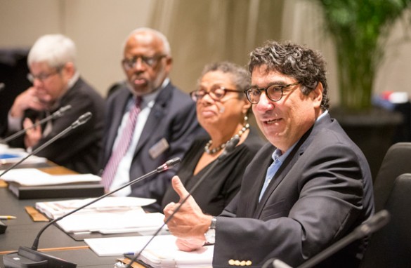 Chancellor Nicholas S. Zeppos addressed members of the Visiting Advisory Board for Diversity and Equity and Vanderbilt's Diversity, Inclusion and Community Committee who met for a daylong session on campus June 10. (Joe Howell/Vanderbilt)