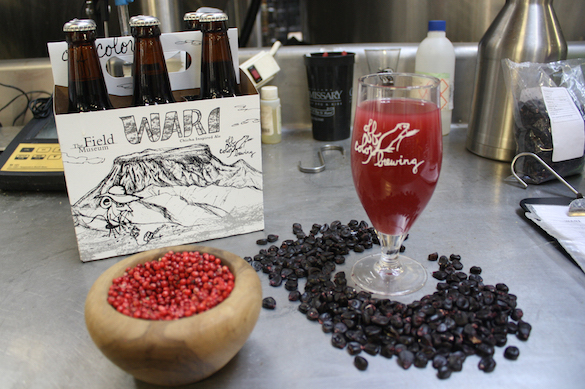 glass of pink beer surrounded by a six-pack, a bowl of molle berries, and a scatter of purple corn