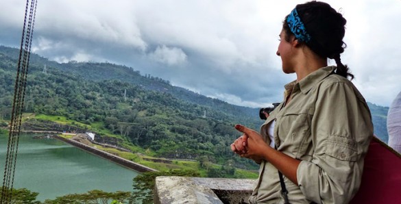 debra looking at dam and reservoir