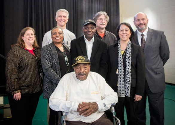 August “Mr. Ace” Johnson (seated) was recognized Nov. 19 for 64 years of service to Vanderbilt Plant Operations. Also pictured (second row, left-right): Andrea George, Gloria Smith, Randy Smith and Lisbeth Wyatt. (Back row, left-right): Mitch Lampley, Paul Young and Mark Petty.
