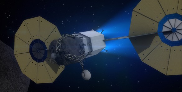 satellite flying close to asteroid