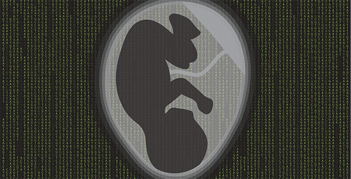 slihouette of fetus in utero superimposed on genetic code