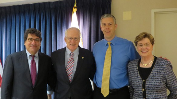 L-r: Vanderbilt Chancellor Nicholas S. Zeppos, University System of Maryland Chancellor William E. Kirwan, U.S. Secretary of Education Arne Duncan and American Council on Education President Molly Corbett Broad. 