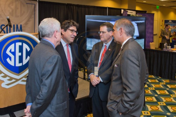 Chancellor Nicholas S. Zeppos (second from left) talks with University of Mississippi Chancellor Dan Jones, University of Georgia President Jere Morehead and University of South Carolina President Harris Pastides at the 2014 SEC Symposium.