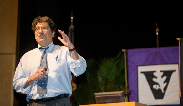 Chancellor Nicholas S. Zeppos addressed faculty and handed out awards at the spring assembly March 31. (Joe Howell/Vanderbilt)