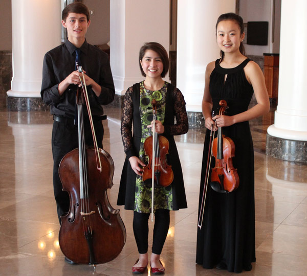 L-r: David Bender, second runner-up; Maggie Kasinger, first runner-up; and Kaili Wang, grand prize winner. Wang will solo with the Nashville Symphony and Blair’s Curb Youth Symphony on May 21. (photo courtesy of Nashville Symphony)