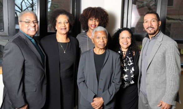 Professors affiliated with African American and Diaspora Studies welcomed lecturer Mary Frances Berry (standing in front). They are (l-r) Houston Baker, Tiffany Patterson, Tracy Sharpley-Whiting, Alice Randall and Gilman Whiting. (Steve Green/Vanderbilt)