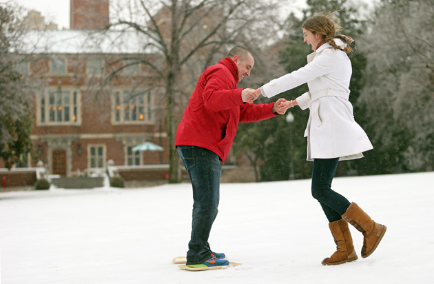 Many students used cafeteria trays to skate, sled and slide on campus during the winter storm. (John Russell/Vanderbilt)