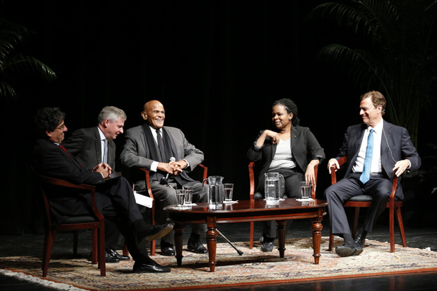 L-r: Chancellor Nicholas S. Zeppos, Jon Meacham, Harry Belafonte, Annette Gordon-Reed and Michael Beschloss participated in a conversation about the 50th anniversary of the Voting Rights Act Jan. 13 in Langford Auditorium. (John Russell/Vanderbilt)