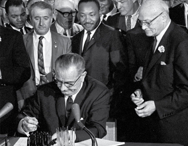 President Lyndon Johnson signed the Voting Rights Act into law on Aug. 6, 1965.