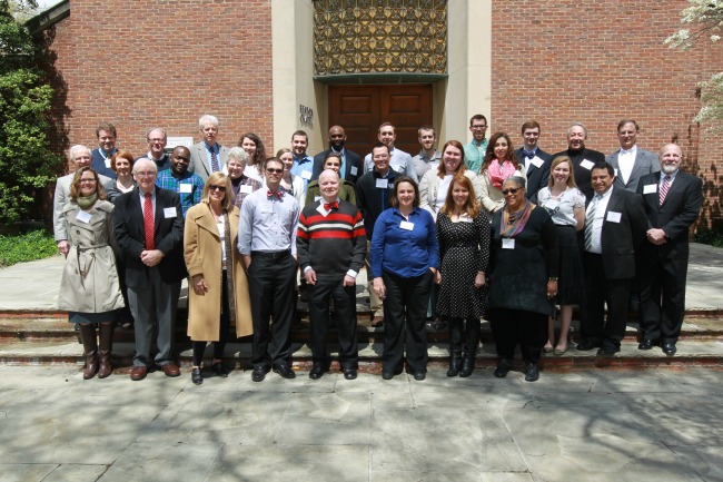 Current and former Cal Turner Scholars gather on steps of Benton Chapel with Dean Emilie Townes and Cal Turner Jr. during an April 2014 meeting and reception.
