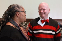 Dean Emilie Townes and Cal Turner Jr. at the Divinity School reception for current and former Turner Scholars.  