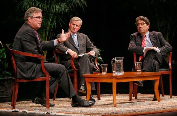 Former Florida Gov. Jeb Bush (left) joined Vanderbilt Chancellor Nicholas S. Zeppos (right) and Distinguished Visiting Professor Jon Meacham (center) for a conversation Oct. 28 in Ingram Hall.