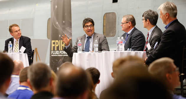 School of Engineering Dean Philippe Fachet, Chancellor Nicholas S. Zeppos and others participated in a panel discussion at the Fluid Power Innovation and Research Conference held at LASIR Oct. 14.