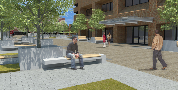 The restoration of the Vanderbilt University Hospital plaza will include an all new surface, additional seating and redesigned landscaping.