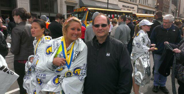 Amanda Hachey and her father, Don, moments after she finished the Boston Marathon on April 15. (photo courtesy of Amanda Hachey)