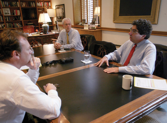 Zeppos collaborates frequently with Vice Chancellor for Health Affairs and Dean of the School of Medicine Jeff Balser, left, and Provost and Vice Chancellor for Academic Affairs Richard McCarty, center. (Daniel Dubois/Vanderbilt)