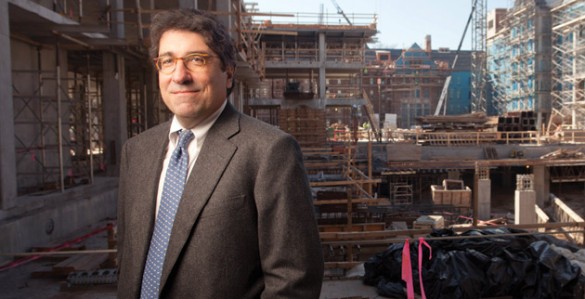 On the eve of his fifth anniversary as chancellor, Nicholas S. Zeppos surveys the progress being made at the College Halls construction site. (Daniel Dubois/Vanderbilt)