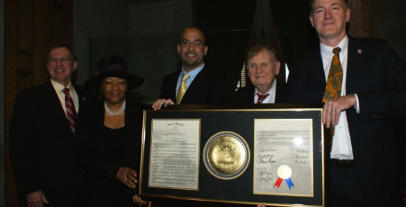 L-r: Sen. Ferrell Haile, R-Gallatin; Sen. Thelma Harper, D-Nashville; Coach James Franklin; Sen. Douglas Henry, D-Nashville; and Sen. Steven Dickerson, R-Nashville. (photo by Matt Russell)