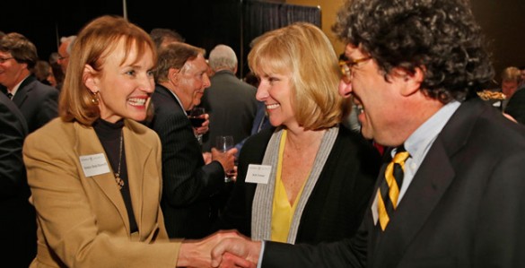 Chancellor Nicholas S. Zeppos (right) and Vice Chancellor for Public Affairs Beth Fortune (center) greet Tennessee House Speaker Beth Harwell at the Jan. 9 reception. (John Russell/Vanderbilt)