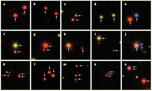 Three-color composite images of a sample of ultra-wide binary star systems, out of more than 1,300 such systems identified in the Sloan Digital Sky Survey. Each image is 50 arcseconds on a side, corresponding to physical separations of the binary systems of up to one parsec. The systems include “identical twins” (a–d) and non-identical twins (e–j). In some cases, the systems are found to be triplets (l–o) or even quadruplets (k). (Saurav Dhital/Vanderbilt, Boston University)