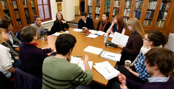 Kate Daniels (center, near window) addresses students in a creative writing master's class. (Vanderbilt University)