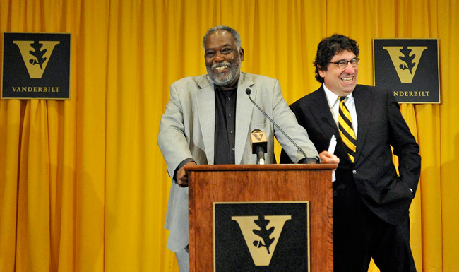 Chancellor Nicholas S. Zeppos (right) named David Williams vice chancellor for athletics and university affairs and athletics director during a press conference July 12. (Joe Howell/Vanderbilt)