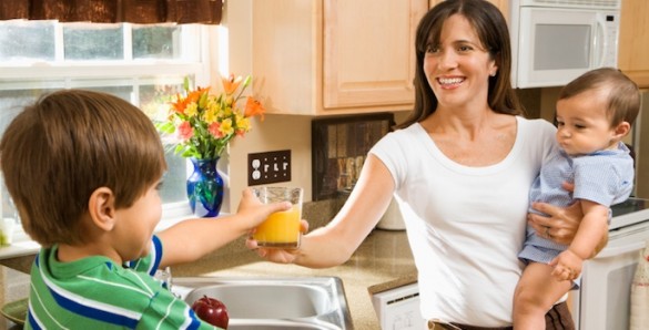 Mom and kids in kitchen