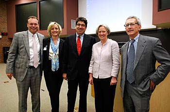 Discovery Lecturer Shirley Tilghman, second from right, with, from left, Jeff Balser, Susan Wente, Vanderbilt Chancellor Nicholas S. Zeppos, and Roger Cone. (Anne Rayner / Vanderbilt)