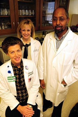 Tina Hartert, M.D., MPH, left, Kathryn Miller, M.D., MPH, and Yarris Muhammed are on the team studying the links between rhinoviruses and bronchiolitis. (Mary Donaldson / Vanderbilt)