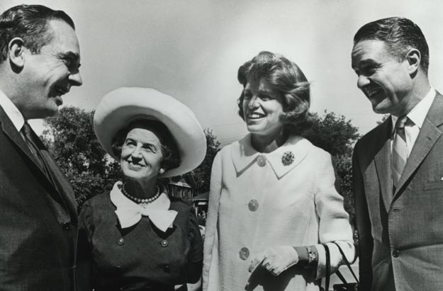 Convocation marking founding of the John F. Kennedy Center in 1965.  From left, Governor Clement, Rose Kennedy, Eunice Kennedy Shriver,  and Sargent Shriver