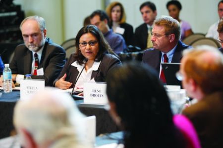 Assistant Professor Stella Flores discusses issues pertaining to college access at the roundtable held at Peabody in June.