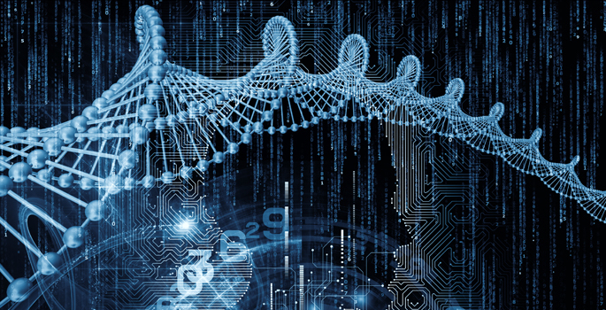 Concept of DNA molecule composed of computer imagery like numbers