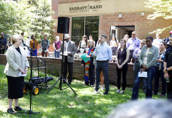 Vanessa Beasley, associate provost and dean of residential faculty, speaks at Monday’s vigil. (Steve Green/Vanderbilt)