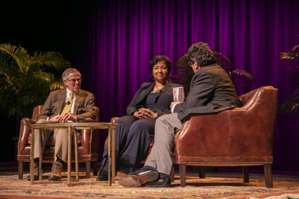 Keynote speakers Mae Jemison and Rush Holt in conversation with Chancellor Nicholas S. Zeppos. (Anne Rayner/Vanderbilt)