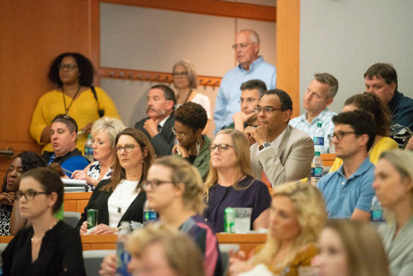 A capacity crowd filled Featheringill Hall’s Jacobs Believed in Me Auditorium for the June 5 event, and dozens more watched a live stream on the Chancellor Search website. (Joe Howell/Vanderbilt)