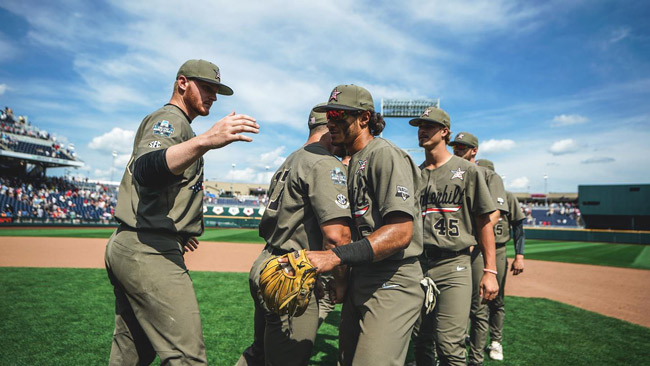 Commodore baseball team following their 3-1 opening win over the University of Louisville at the 2019 College World Series.