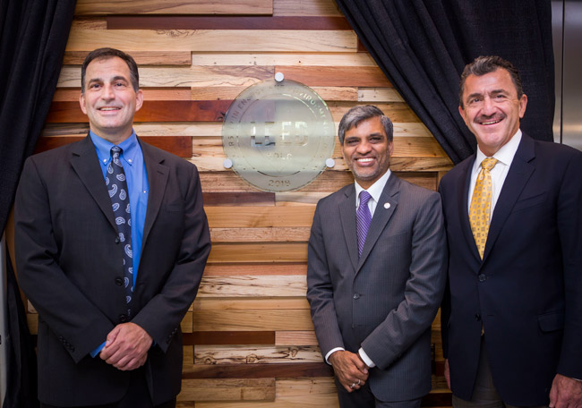 Vice Chancellor for Administration Eric Kopstain, USGBC President and CEO Mahesh Ramanujam, and Associate Vice Chancellor and Chief Facilities Officer Mike Perez (Susan Urmy/Vanderbilt)