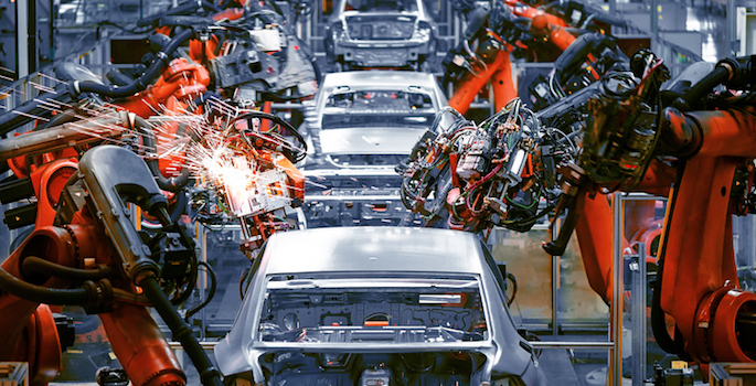 Car assembly line using high-tech equipment