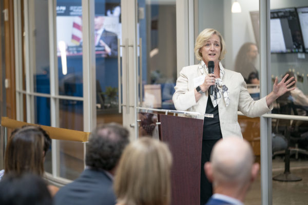 Provost Wente speaks at the grand opening of the Frist Center for Autism and Innovation. (John Russell/Vanderbilt)