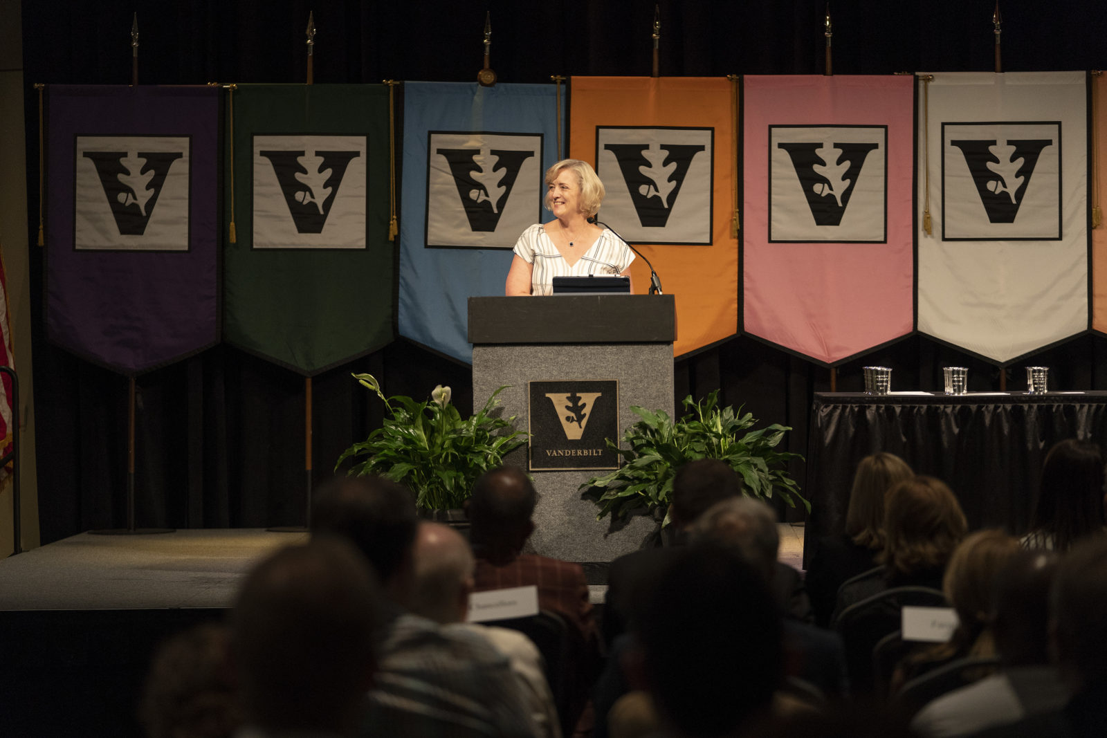 Interim Chancellor and Provost Susan R. Wente addresses faculty at the 2019 Fall Faculty Assembly on Aug. 22, 2019. (Joe Howell/Vanderbilt University)