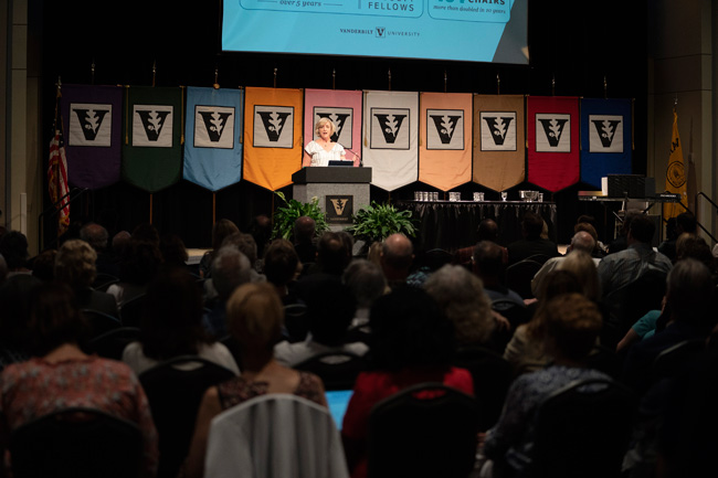 Interim Chancellor and Provost Susan R. Wente concluded her remarks by urging the faculty to apply their individual strengths to the university's collective mission. (Joe Howell/Vanderbilt)