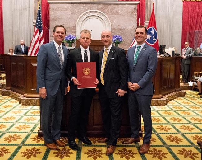 L-r: Speaker of the House Cameron Sexton (R-Crossville), Coach Tim Corbin, Rep. Johnny Garrett (R-Goodlettsville) and Rep. John Ray Clemmons (D-Nashville). (Joe Howell/Vanderbilt)