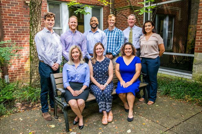 Standing, left to right: Ken Barnes, Owen, U.S. Navy; Matt Smith, Medicine, U.S. Navy; Devin T. Adams, Law, U.S. Army; Craig Kuphall, Owen, U.S. Army; Lt. Gen. Gary Cheek, Bass Military Scholars program director, U.S. Army; and Alba Cook, program coordinator. Sitting, left to right: Alyssa Hartley, Law, U.S. Navy; Mandi Mizner, Nursing, U.S. Army National Guard; and Vanessa Thomsen-Johnson, Nursing, U.S. Army. (Anne Rayner/Vanderbilt)