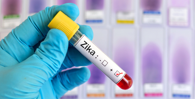 Gloved hand holding vial of a positive Zika blood sample